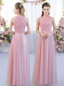 Romantic High-neck Sleeveless Quinceanera Court of Honor Dress Floor Length Lace Pink Tulle