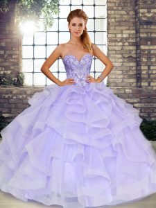 New Arrival Lavender Ball Gowns Tulle Sweetheart Sleeveless Beading and Ruffles Floor Length Lace Up Quinceanera Gowns