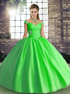 Comfortable Green Lace Up Off The Shoulder Beading Quince Ball Gowns Tulle Sleeveless