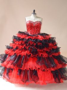 White And Red Ball Gowns Organza Sweetheart Sleeveless Beading and Ruffled Layers Floor Length Lace Up Quince Ball Gowns