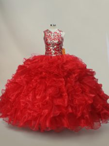 On Sale Scoop Sleeveless Lace Up 15th Birthday Dress Red Organza