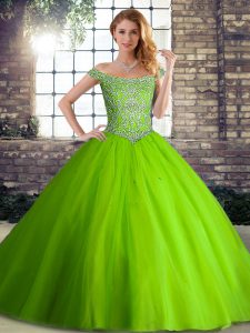 Off The Shoulder Sleeveless Tulle Quince Ball Gowns Beading Brush Train Lace Up