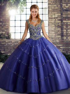 Floor Length Purple Sweet 16 Quinceanera Dress Tulle Sleeveless Beading and Appliques