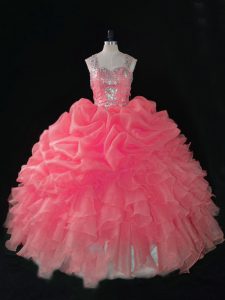 Baby Pink Ball Gowns Straps Sleeveless Organza Zipper Beading and Ruffles and Pick Ups Quinceanera Dresses