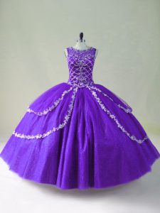 Purple Ball Gowns Tulle Scoop Sleeveless Beading and Appliques Floor Length Zipper Sweet 16 Quinceanera Dress