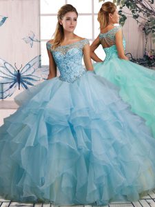 Enchanting Organza Off The Shoulder Sleeveless Lace Up Beading and Ruffles Quinceanera Gowns in Light Blue