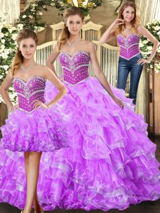 Edgy Lilac Sleeveless Floor Length Beading and Ruffles Lace Up Quinceanera Dresses
