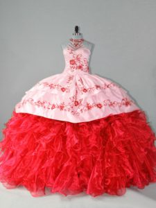 Red Organza Lace Up Ball Gown Prom Dress Sleeveless Court Train Embroidery and Ruffles