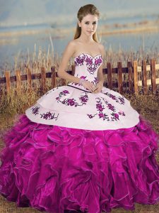 Fuchsia Ball Gowns Embroidery and Ruffles and Bowknot Sweet 16 Dresses Lace Up Organza Sleeveless Floor Length
