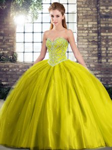 Olive Green Ball Gown Prom Dress Military Ball and Sweet 16 and Quinceanera with Beading Sweetheart Sleeveless Brush Train Lace Up