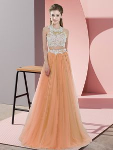 Orange Sleeveless Floor Length Lace Zipper Dama Dress for Quinceanera