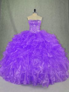 Beauteous Beading and Ruffles 15th Birthday Dress Purple Lace Up Sleeveless Floor Length