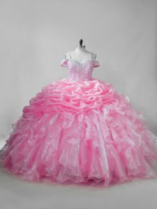Pink Organza Lace Up Quinceanera Dresses Sleeveless Brush Train Beading and Ruffles and Pick Ups