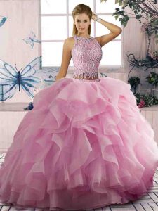 Pink Scoop Zipper Beading and Ruffles Ball Gown Prom Dress Sleeveless