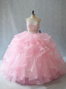 Fashionable Baby Pink Two Pieces Halter Top Sleeveless Organza Brush Train Backless Beading and Ruffles Quinceanera Dress