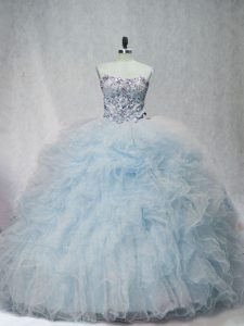 Ball Gowns Sleeveless Light Blue Sweet 16 Dresses Brush Train Lace Up