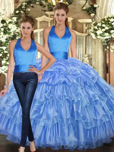Vintage Baby Blue Lace Up Halter Top Ruffles and Pick Ups Sweet 16 Dress Organza Sleeveless