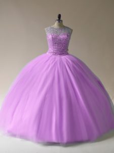 Trendy Ball Gowns Quinceanera Dress Lilac Scoop Organza Sleeveless Floor Length Lace Up