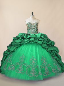 Custom Fit Green Quince Ball Gowns Sweet 16 and Quinceanera with Beading and Pick Ups Sweetheart Sleeveless Brush Train Lace Up