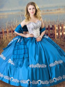 Dazzling Baby Blue Satin Lace Up Quinceanera Gown Sleeveless Floor Length Beading and Embroidery