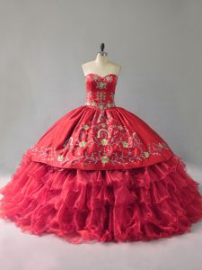 Embroidery and Ruffles Quinceanera Gown Red Lace Up Sleeveless Floor Length
