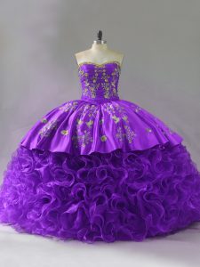Purple Fabric With Rolling Flowers Lace Up Quinceanera Gown Sleeveless Brush Train Embroidery and Ruffles