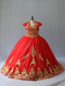 Red Ball Gowns Beading and Appliques Quinceanera Dresses Lace Up Tulle Sleeveless