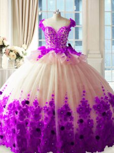 Scoop Sleeveless Tulle Quinceanera Gowns Hand Made Flower Brush Train Zipper