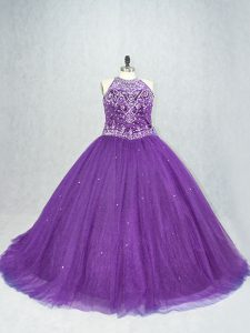 Smart Purple Lace Up Quinceanera Dresses Beading Sleeveless Brush Train