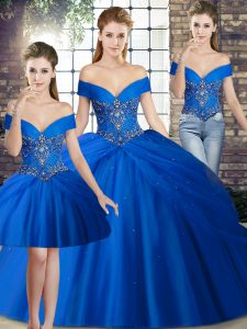 Designer Tulle Off The Shoulder Sleeveless Brush Train Lace Up Beading and Pick Ups Ball Gown Prom Dress in Royal Blue