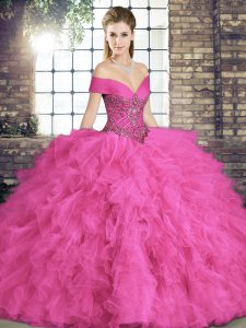 Hot Pink Sleeveless Floor Length Beading and Ruffles Lace Up Quince Ball Gowns