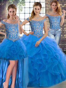 Colorful Blue Lace Up Off The Shoulder Beading and Ruffles 15th Birthday Dress Tulle Sleeveless Brush Train