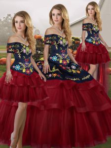 Designer Wine Red Tulle Lace Up Off The Shoulder Sleeveless Quinceanera Dress Brush Train Embroidery and Ruffled Layers
