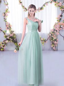 Noble Light Blue Empire Lace and Belt Dama Dress for Quinceanera Side Zipper Tulle Sleeveless Floor Length