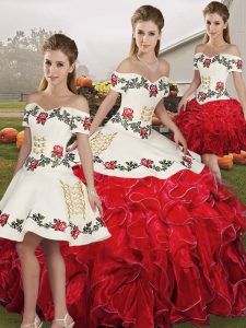 Superior Organza Off The Shoulder Sleeveless Lace Up Embroidery and Ruffles Sweet 16 Dress in White And Red