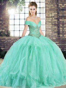 Extravagant Apple Green Tulle Lace Up Off The Shoulder Sleeveless Floor Length Sweet 16 Dress Beading and Ruffles