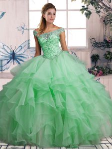 Lovely Apple Green Organza Lace Up Off The Shoulder Sleeveless Floor Length Quince Ball Gowns Beading and Ruffles