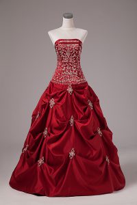 Wine Red Lace Up Quinceanera Dresses Embroidery and Pick Ups Sleeveless Floor Length