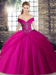 Enchanting Tulle Sleeveless Quinceanera Dresses Brush Train and Beading and Pick Ups