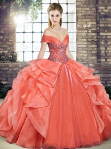 High Quality Orange Red Ball Gowns Organza Off The Shoulder Sleeveless Beading and Ruffles Floor Length Lace Up Vestidos de Quinceanera