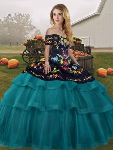 Sumptuous Teal Off The Shoulder Lace Up Embroidery and Ruffled Layers Sweet 16 Dresses Brush Train Sleeveless