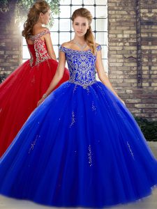 Tulle Off The Shoulder Sleeveless Lace Up Beading Quinceanera Dresses in Royal Blue