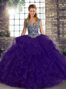 Ball Gowns Quince Ball Gowns Purple Straps Tulle Sleeveless Floor Length Lace Up