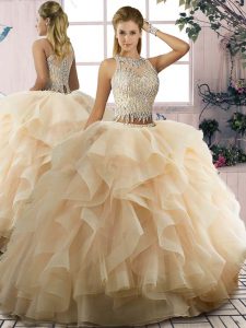 Spectacular Champagne Sleeveless Ruffles Floor Length Quince Ball Gowns