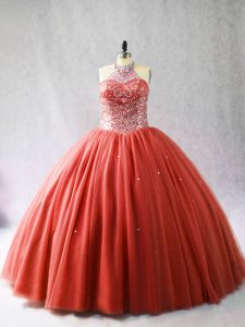 Halter Top Sleeveless Brush Train Lace Up Quinceanera Gowns Red Tulle