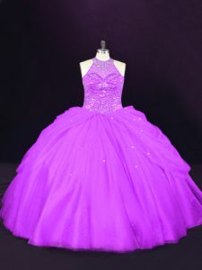 Purple Lace Up Halter Top Beading Quinceanera Dresses Tulle Sleeveless