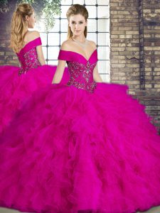 Sophisticated Fuchsia Vestidos de Quinceanera Military Ball and Sweet 16 and Quinceanera with Beading and Ruffles Off The Shoulder Sleeveless Lace Up