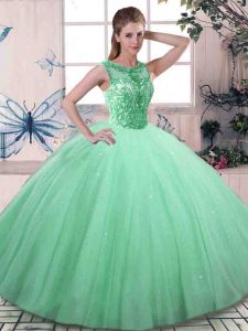 Scoop Sleeveless 15 Quinceanera Dress Floor Length Beading Apple Green Tulle