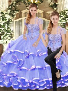 Organza Strapless Sleeveless Lace Up Beading and Ruffled Layers Vestidos de Quinceanera in Lavender