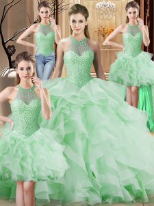Apple Green Halter Top Neckline Beading and Ruffles Sweet 16 Dress Sleeveless Lace Up